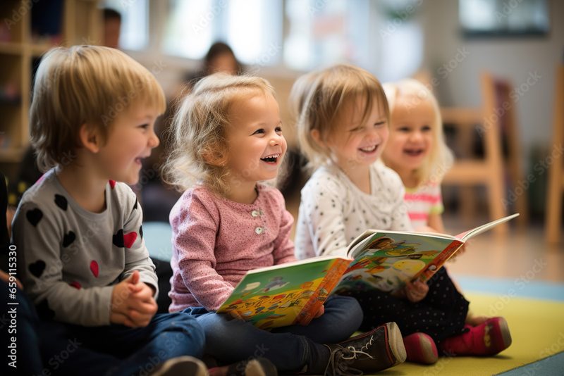 Lachende Kinder schauen gemeinsam ein Bilderbuch an